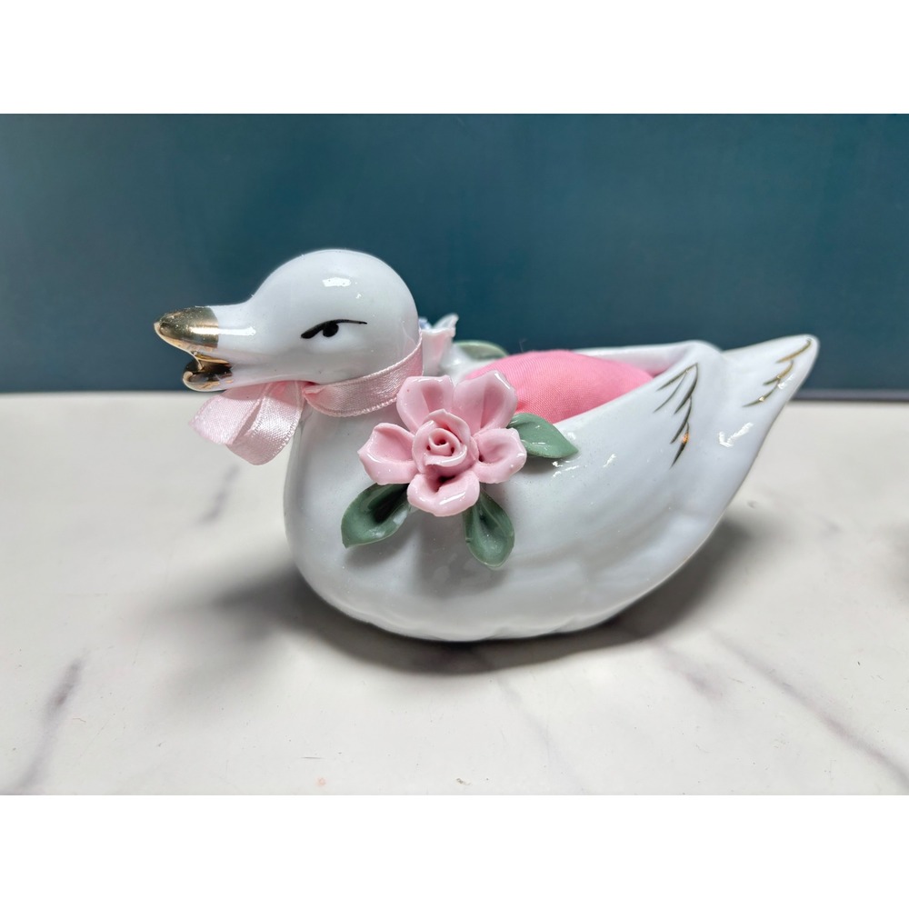 Vintage Porcelain Duck Pin Cushion White Gold Beak Floral Ceramic Sewing Decor